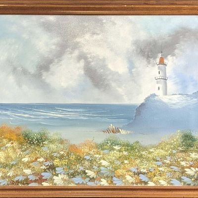 Original Framed Oil On Canvas Lighthouse