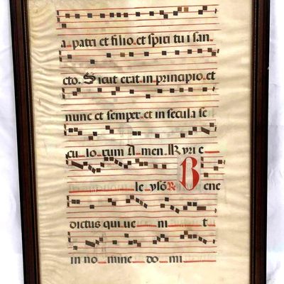 Antique Framed Medieval Period Music Sheet On Animal Parchment