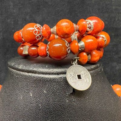 Sterling Silver Carnelian and Red Coral Necklace and Coil Wrap Bracelet Set BJ 925