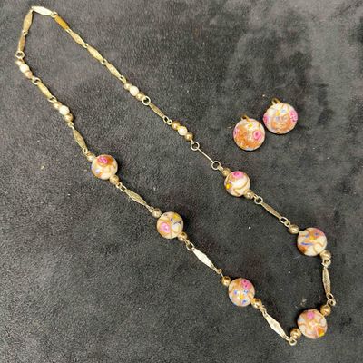 Murano Venetian Lamp Work Glass White Copper Round Bead Necklace and Pearl Accent Earrings Set A35