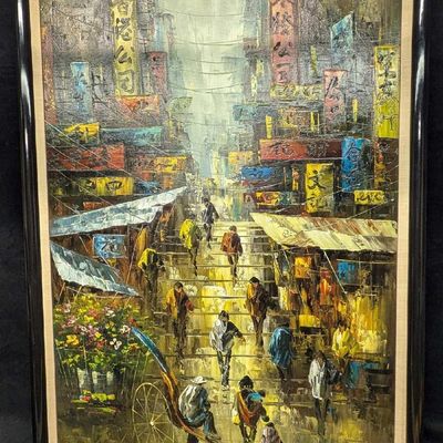 Framed Original Oil On Panel Busy Street Scene R34