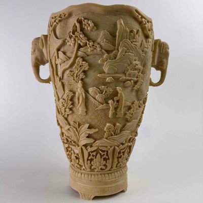Large Chinese Faux Ivory Resin Vase Canton Carved Style Relief Elephant Head Handles