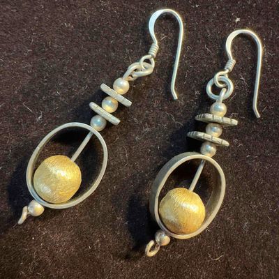 Sterling Silver Drop Dangle Earrings Gold Bead Accent SS94
