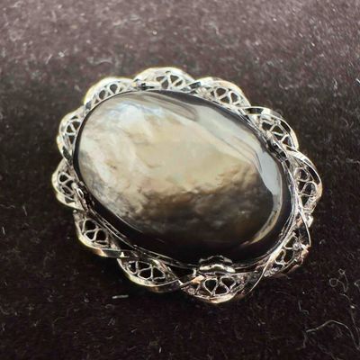 Black Pearloid Filigree Sterling Silver Brooch C42