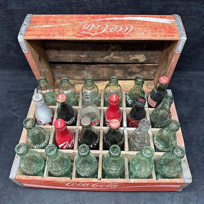 Vintage Coca Cola Wooden Bottle Crate With Assorted Coke Bottles Red Crates