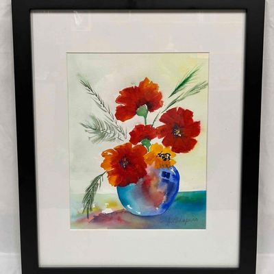 Framed Original Watercolor Flower Still Life By J. Shapiro