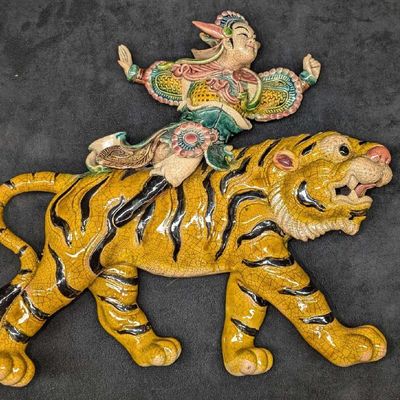 Vintage Hand Painted Ceramic Zhao Gongming With Tiger Wall Art