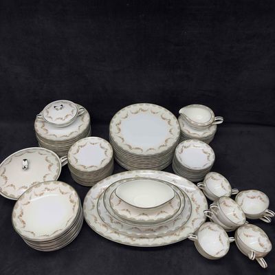 Noritake China Eighty Eight 88 Set Denise 5508 Plates Bowls Cups Gray Scrolls Brown Flower Swags
