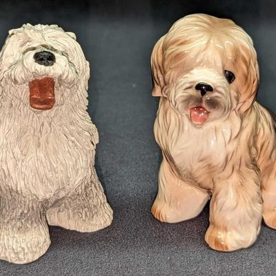 2 Vintage Ceramic & Resin Sheepdog Figurines