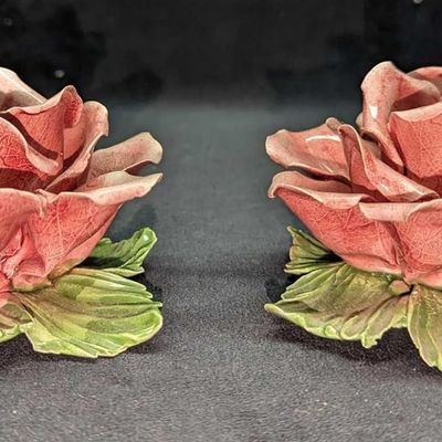 2 Vintage Capodimonte Rose Candleholders