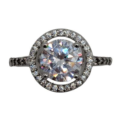 Signed Sterling Silver CZ Halo Solitaire Ring Size 7.75
