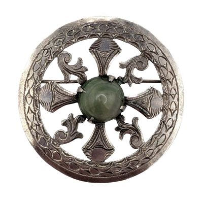 Mexico Sterling Silver Green Onyx Round Engraved Brooch