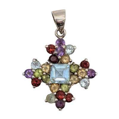 Signed Sterling Silver Multi-Stone Cross Pendant