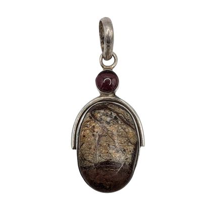 Sterling Silver Garnet Picture Jasper Oval Drop Pendant