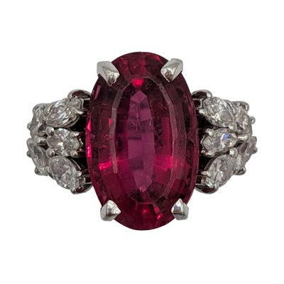 18K White Gold Diamond Ruby Oval Cocktail Ring Size 7