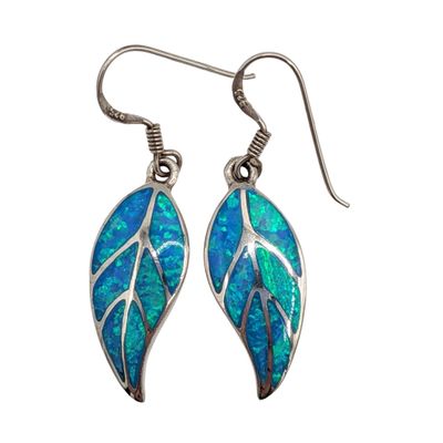 Sterling Silver Opal Inlay Leaf Dangle Earrings