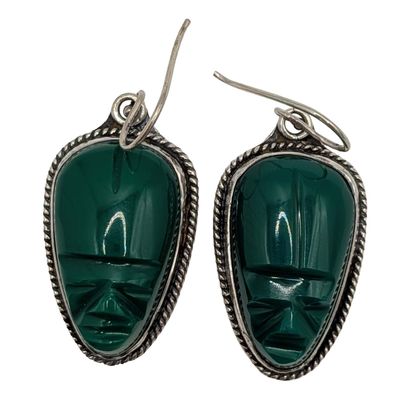 Mexico Sterling Silver Carved Green Onyx Mask Dangle Earrings