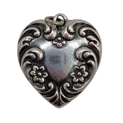 Signed Vintage Sterling Silver Pressed Floral Heart Pendant