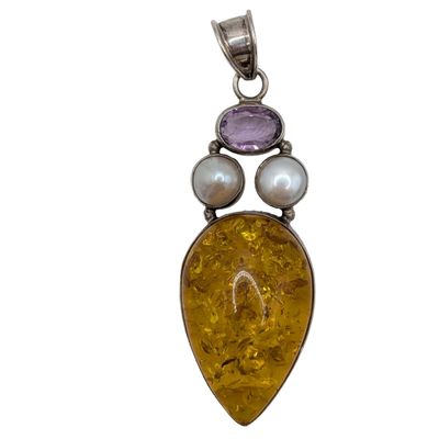Sterling Silver Amber Amethyst Pearl Drop Pendant