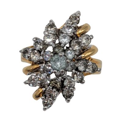 Gold Tone White Rhinestone Cluster Ring Size 6