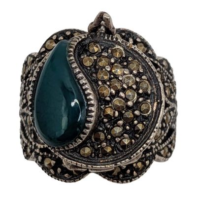 Sterling Silver Malachite Marcasite Poison Ring Size 5.75