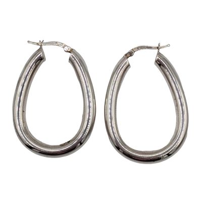 Signed Sterling Silver Thick Polished Oval Hoop Earrings