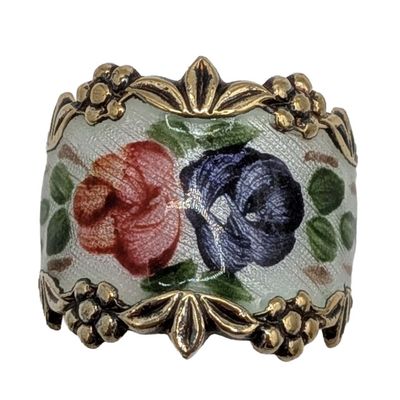 Signed Gold Over Sterling Silver Limoge Enamel Floral Adjustable Ring