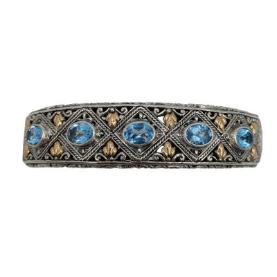 Signed 18K Yellow Gold Sterling Silver Topaz Fancy Hinge Cuff Bracelet