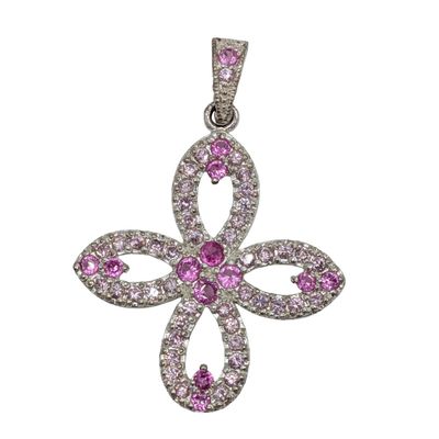 Signed Sterling Silver Ruby Pink CZ Four Petal Flower Pendant