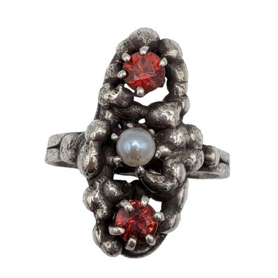 Signed Handmade Sterling Silver Garnet Pearl Cast Bubble Ring Size 5.75