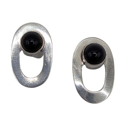 Sterling Silver Onyx Oval Cut Out Modern Stud Earrings