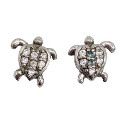 Signed Sterling Silver CZ Turtle Stud Earrings