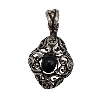 Signed Sterling Silver Onyx Open Scrollwork Pendant