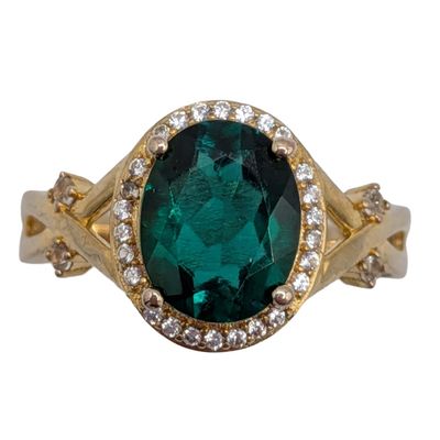 Signed Gold Over Sterling Silver Emerald Topaz Halo Ring Size 8
