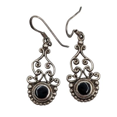 Southwest Sterling Silver Onyx Scroll Dangle Earrings