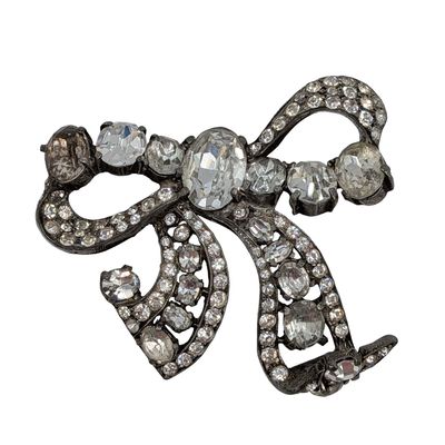 Eisenberg Silver Tone Rhinestone Bow Brooch