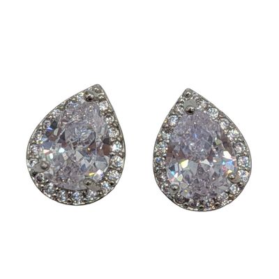 Sterling Silver CZ Pear Cut Halo Stud Earrings
