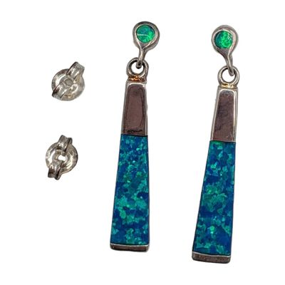 Sterling Silver Opal Inlay Bar Drop Stud Earrings
