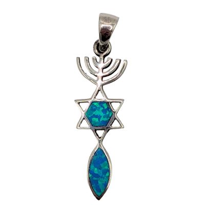Signed Sterling Silver Opal Inlay Messianic Symbol Slide Pendant