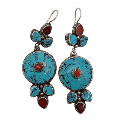 Southwest Sterling Silver Coral Turquoise Dangle Earrings