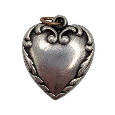 Vintage Sterling Silver Scrolled Puffy Heart Charm Pendant