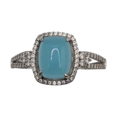 Signed Sterling Silver Blue Rhinestone White Rhinestone Cabochon Halo Ring Size 9.5