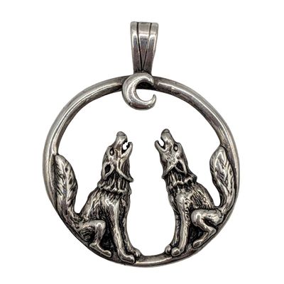 Signed Sterling Silver Howling Wolves Pendant