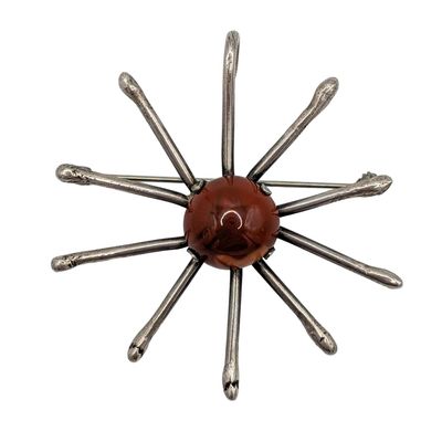 Handmade Sterling Silver Red Agate Modern Sunburst Brooch