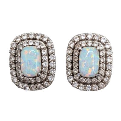 Signed Sterling Silver Opal White Topaz Double Halo Stud Earrings