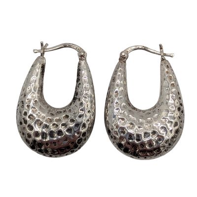 Signed Sterling Silver Textured Oval Hoop Earrings