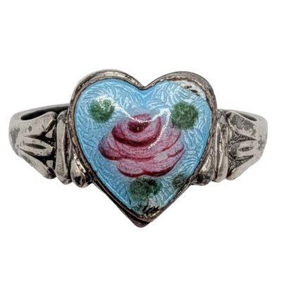 Sterling Silver Guilloche Enamel Rose Heart Adjustable Ring
