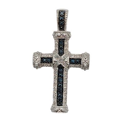 Signed Sterling Silver Two Tone Diamond Cross Pendant
