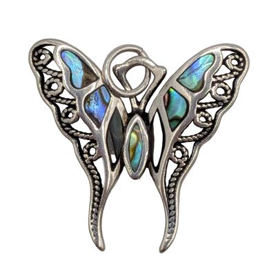 Signed Sterling Silver Abalone Inlay Butterfly Pendant
