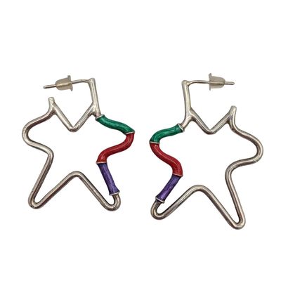 Sterling Silver Enamel Tri Color Modernist Star Earrings